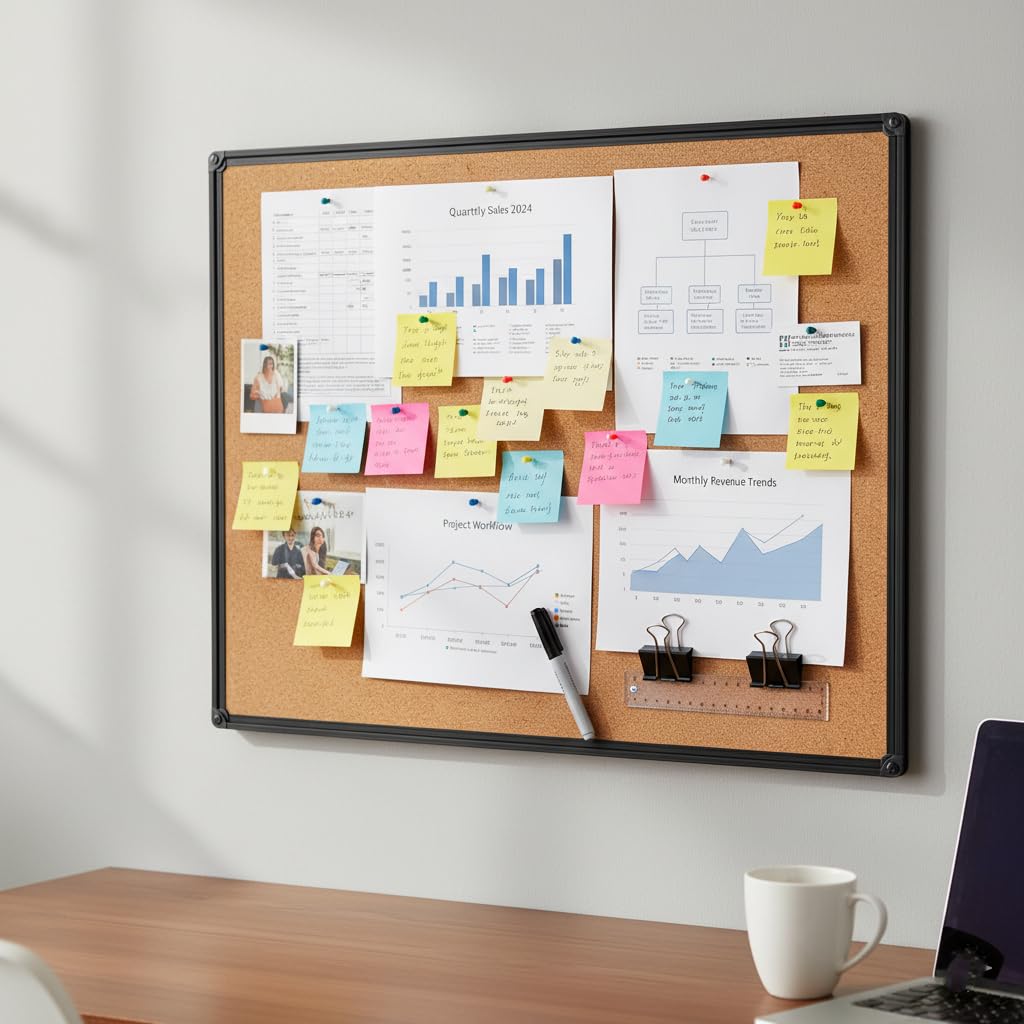DexBoard 2 Pack 48" x 36" Cork Board, Black Aluminum Frame Bulletin Board for Walls, Large Self-Healing Bulletin Board for Office, School, and Home, Hanging Notice Board with 10 Push Pins (4x3 Ft)