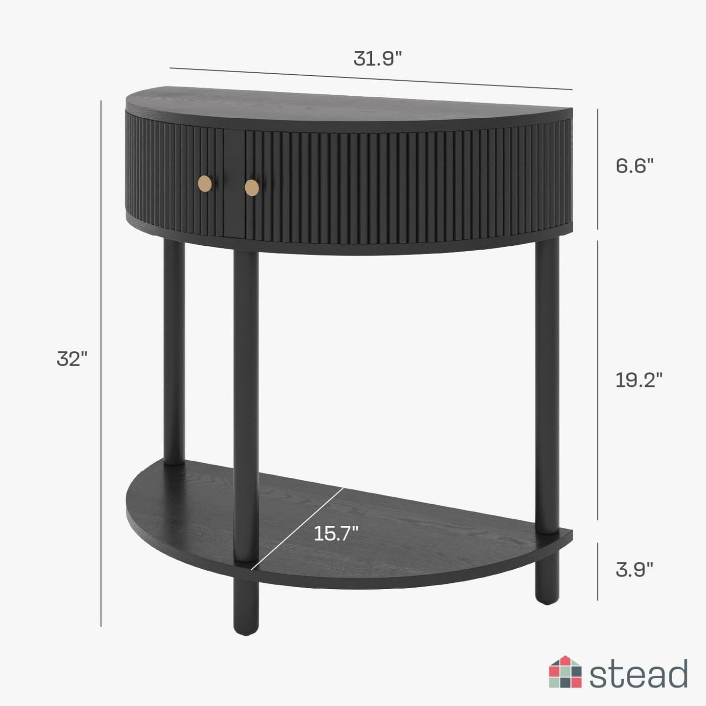 Stead Entryway Table Fluted Half Moon Console - Semicircular, Black Oak Veneer - Hidden Storage with Two Fluted Doors & Brass Knobs - Modern Narrow Console Table for Living Room & Hallway