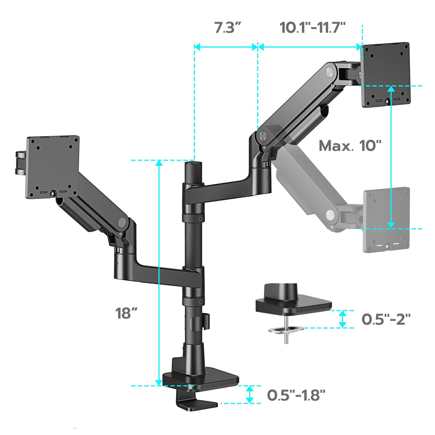 ARES WING Dual Monitor Arm Desk Mount for 17-49 Inch Ultrawide Monitors, Heavy Duty Dual Monitor Mount Holds 44 lbs, Full Motion Gas Spring Vertical Stacked Monitor Mount, 75/100 VESA Mount, Black