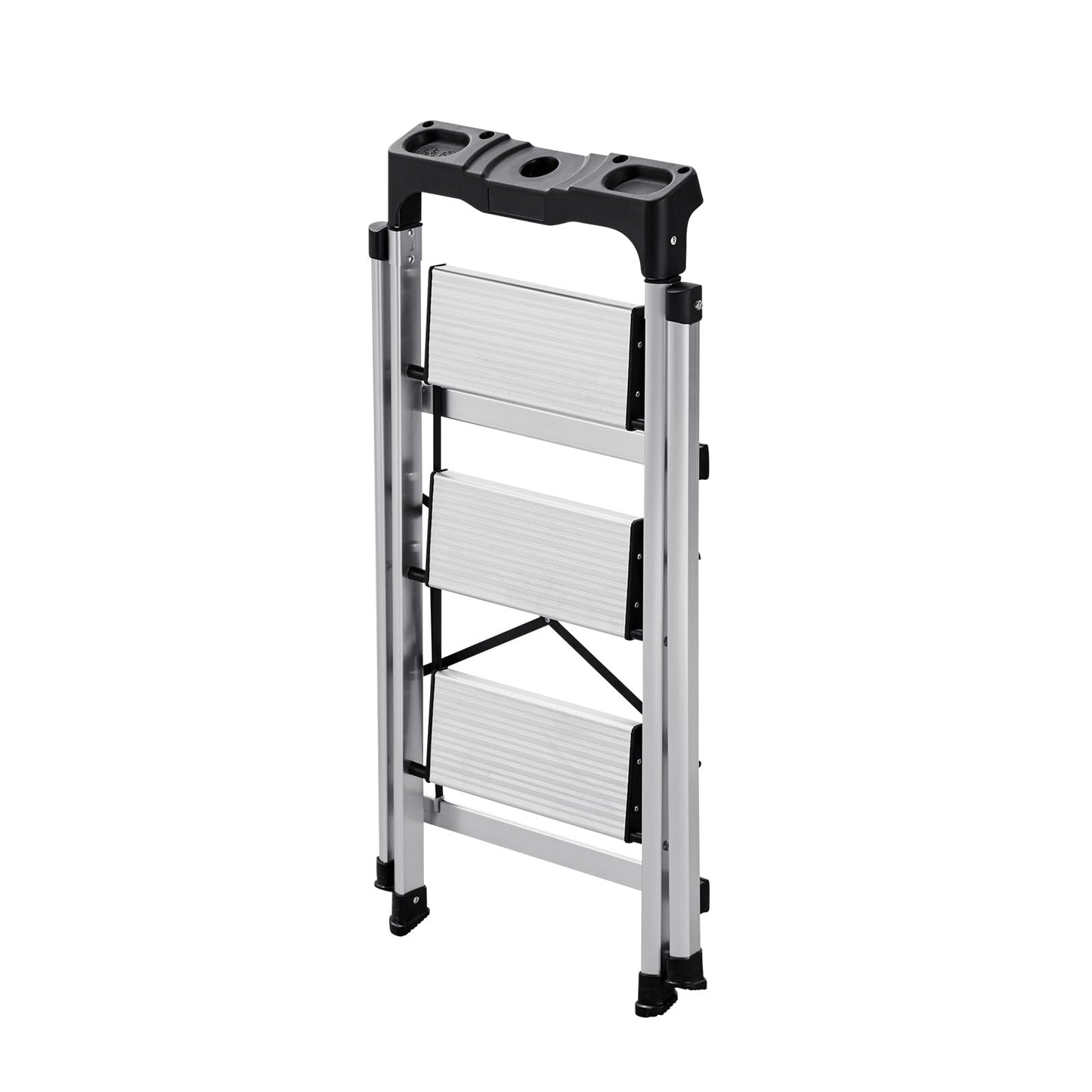 VEVOR 3 Step Ladder, Folding Step Stool with Wide Anti-Slip Pedal and Comfort Handgrip, 330 lbs Capacity Portable Aluminum Stepladder, Multi-Use for Kitchen, Warehouse, Household and Office, Silver