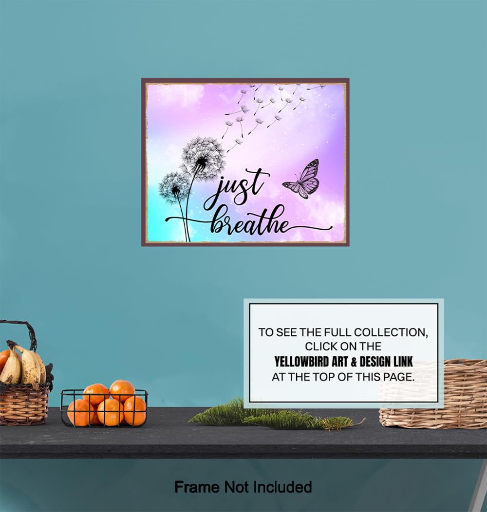 Just Breathe Wall Art - positive Quotes Purple Office Wall Decor for Women - Farmhouse Bedroom Inspirational Wall Decor - Motivational Shabby Chic Art - Zen Spa Wall Art, Butterfly Print