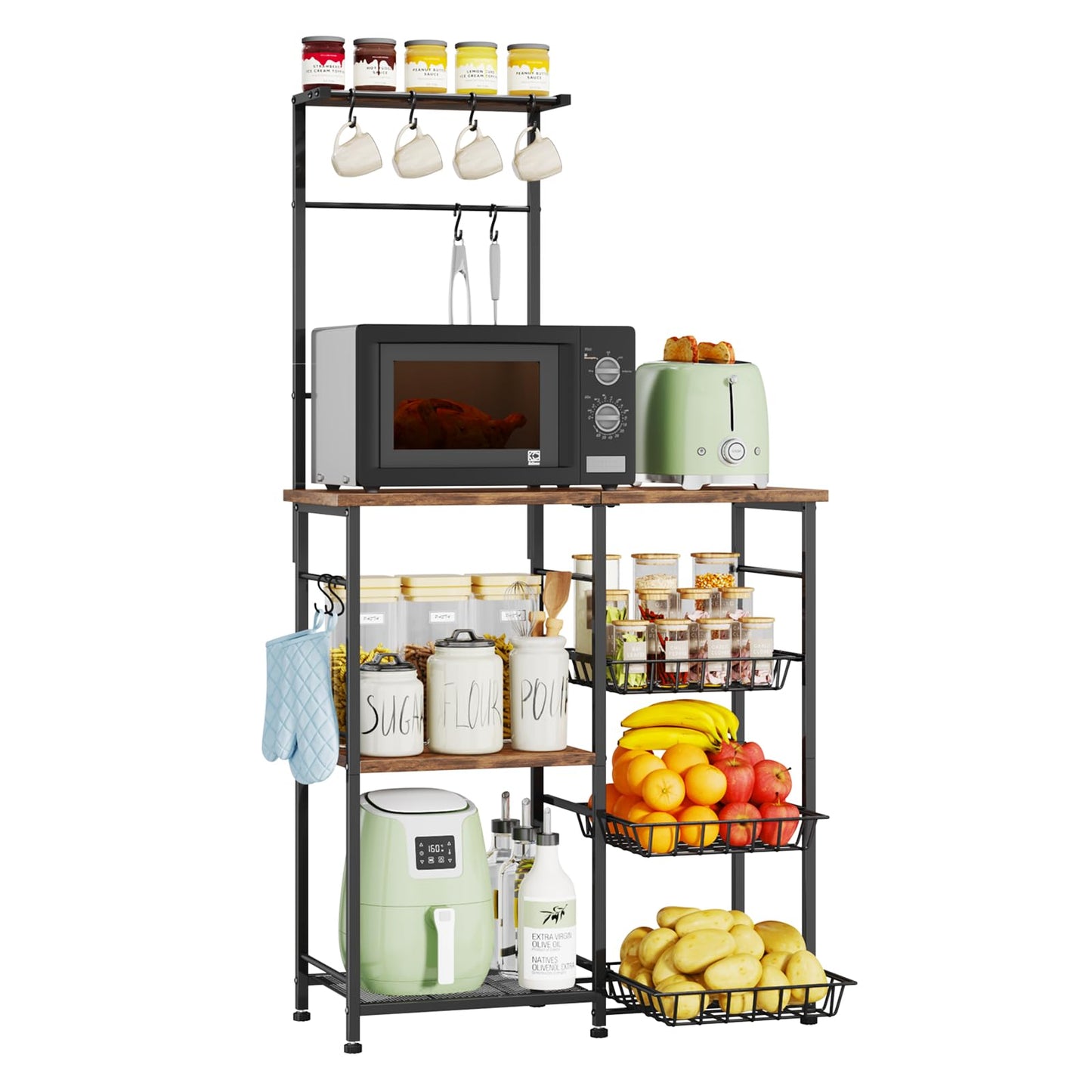 SWTYMIKI Bakers Rack with Storage - Coffee Bar Cabinet with Shelves, Coffee Station Organizer and Kitchen Stand with 8 Hooks, Baskets, Adjustable Feet for Kitchen Dining Room Pantry, Espresso