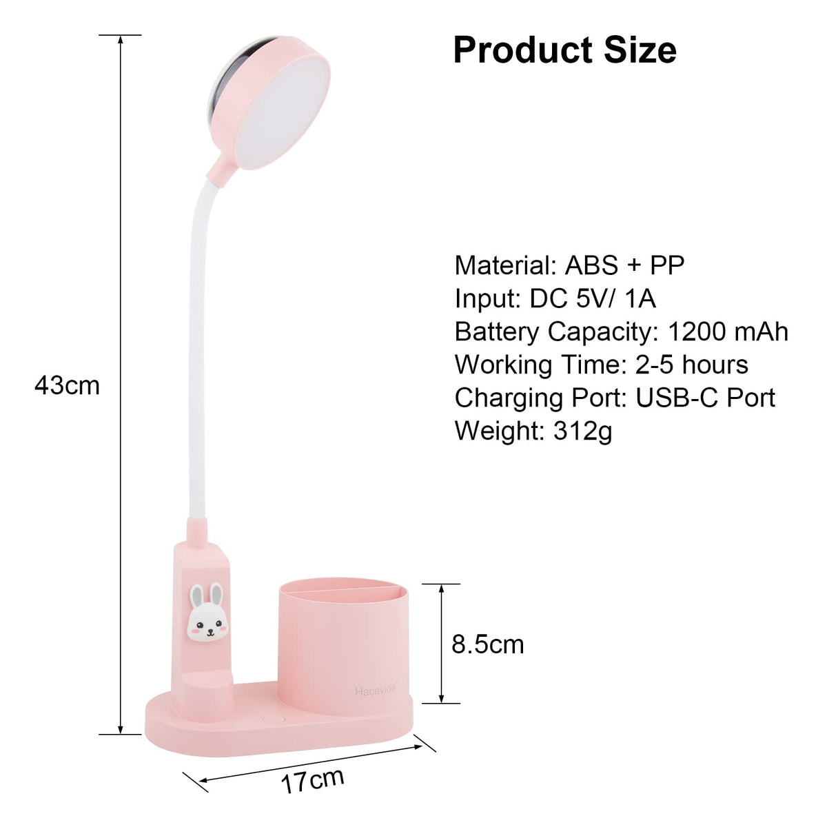 Hacevida Cute Pink Rabbit Lamp for Kids Reading Study - Star Projector/Pen Holder/3 Brightness/Eye Caring, Rechargeable Led Table Desk Lamp for Home Office Dorm Decor, Ideal Birthday Christmas Gifts