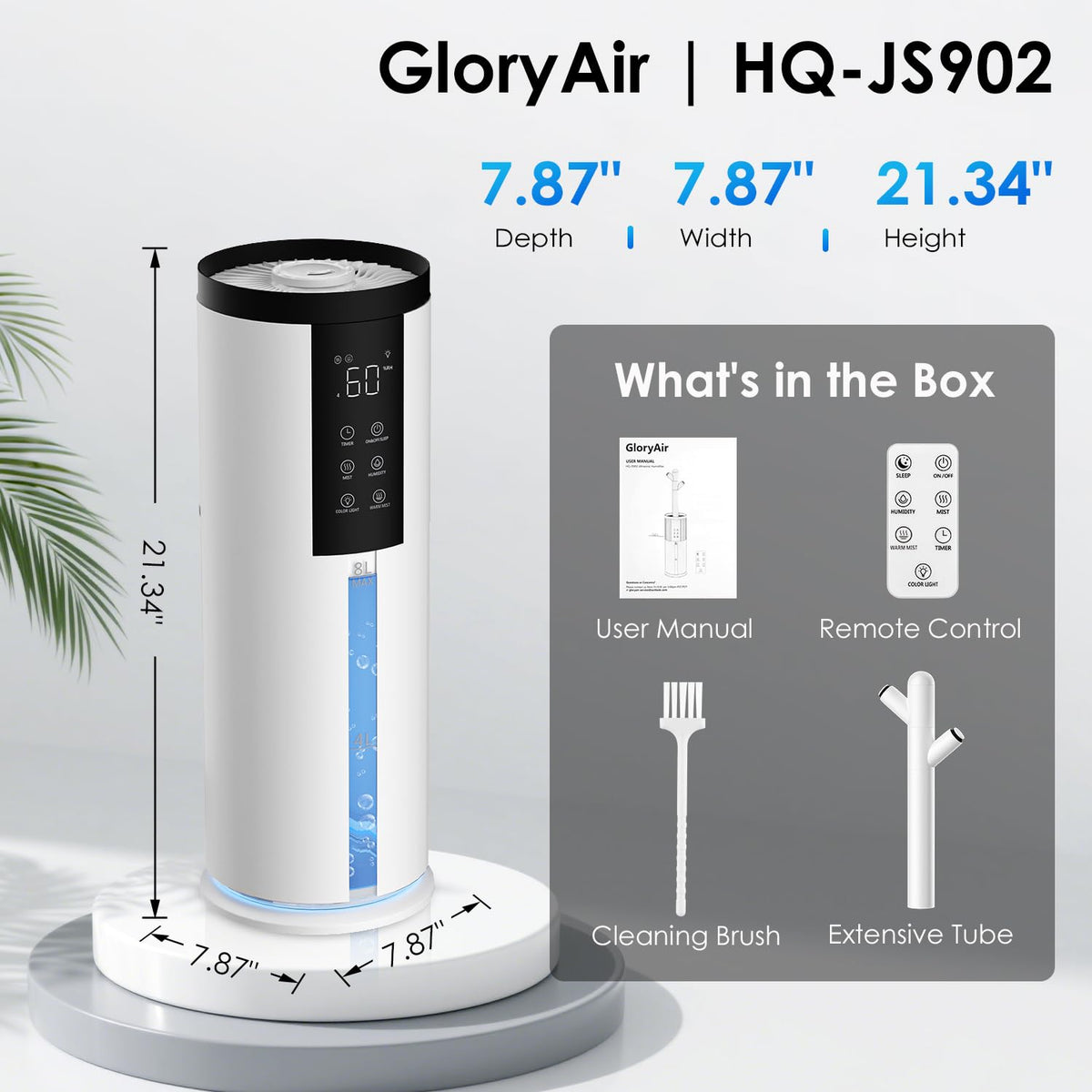 Humidifiers for Bedroom - GloryAir 2.11Gal (8L) Quiet Top Fill Cool & Warm Mist Humidifier Large Room 650 ftΒ² with Humidistat, diffuser, Auto Mode, 7-Color Light for Plants, Baby,Adults, Office & Home