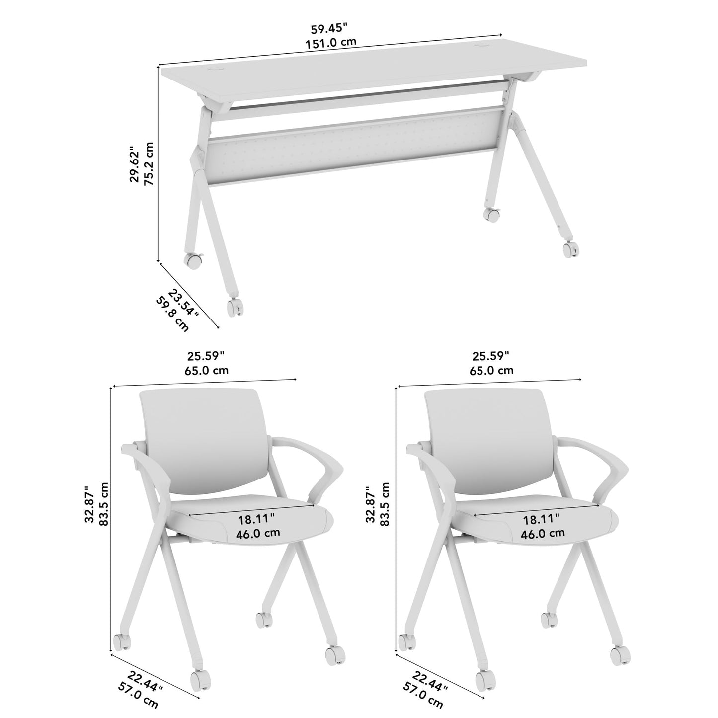 Bush Business Furniture Folding Training Table Set for 2, 60 inch, 2 Mesh Back Folding Chairs with Arms, Commercial-Grade Bundle for Office or Classroom, Envision Collection, White