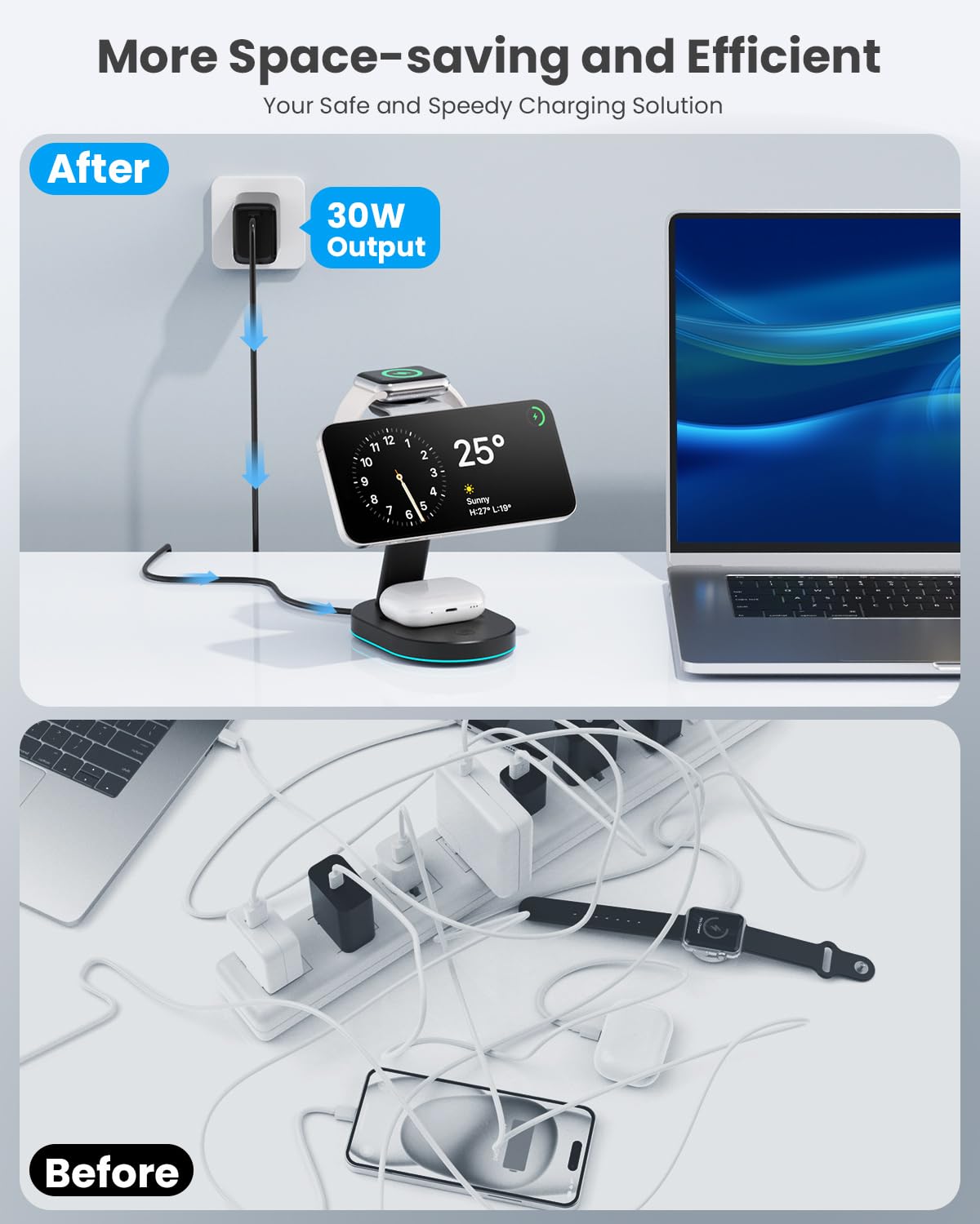 3 in 1 Wireless Charger Charging Station for iPhone,Qi2 Certified 15W Magnetic Charging Stand for Mag-Safe with 30W USB C Adapter&Friendly Night Light for iPhone 17/16/15/14/13/12,Apple Watch,AirPods