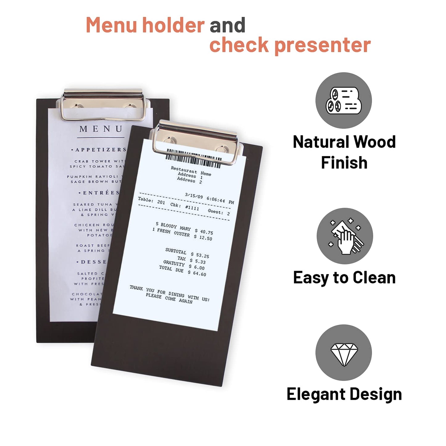 Olbia 10-Pack Wood Check Presenters for Restaurants, Server Book, Menu Holder for Cafes, Wooden Clip Board, Cute Waitress Book Organizer, Server Note Pads, Guest Check Book 8" x 4" (Walnut)