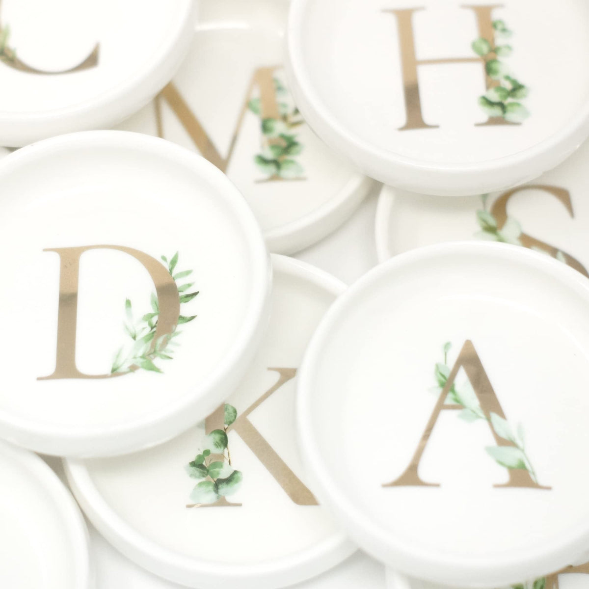 Trinket Tray Ring Dish with Personalized B in Gold Foil and Greenery - White Ring Dish - Monogrammed Trinket Dish or Jewelry Bowl - Cedar & Ink (B)