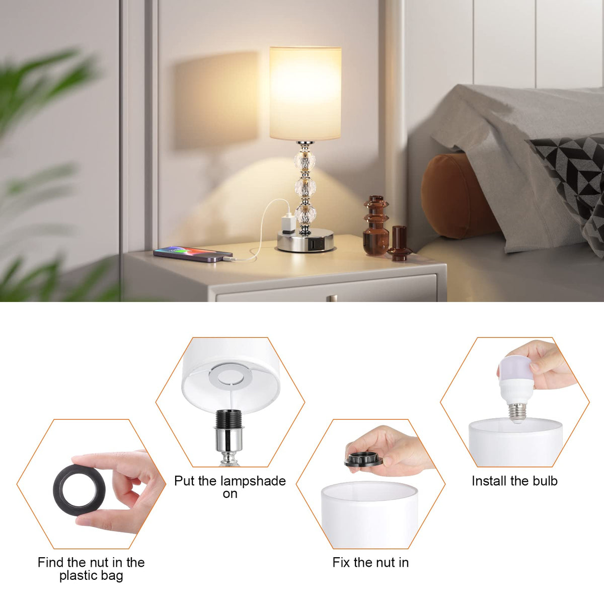 Touch Bedside Crystal Lamps for Bedrooms Nightstand with USB C+A Charging Port and AC Outlet White, 3 Way Dimmable Silver Small End Side Table Lamp for Living/Guest/Dinning Room/Kitchen