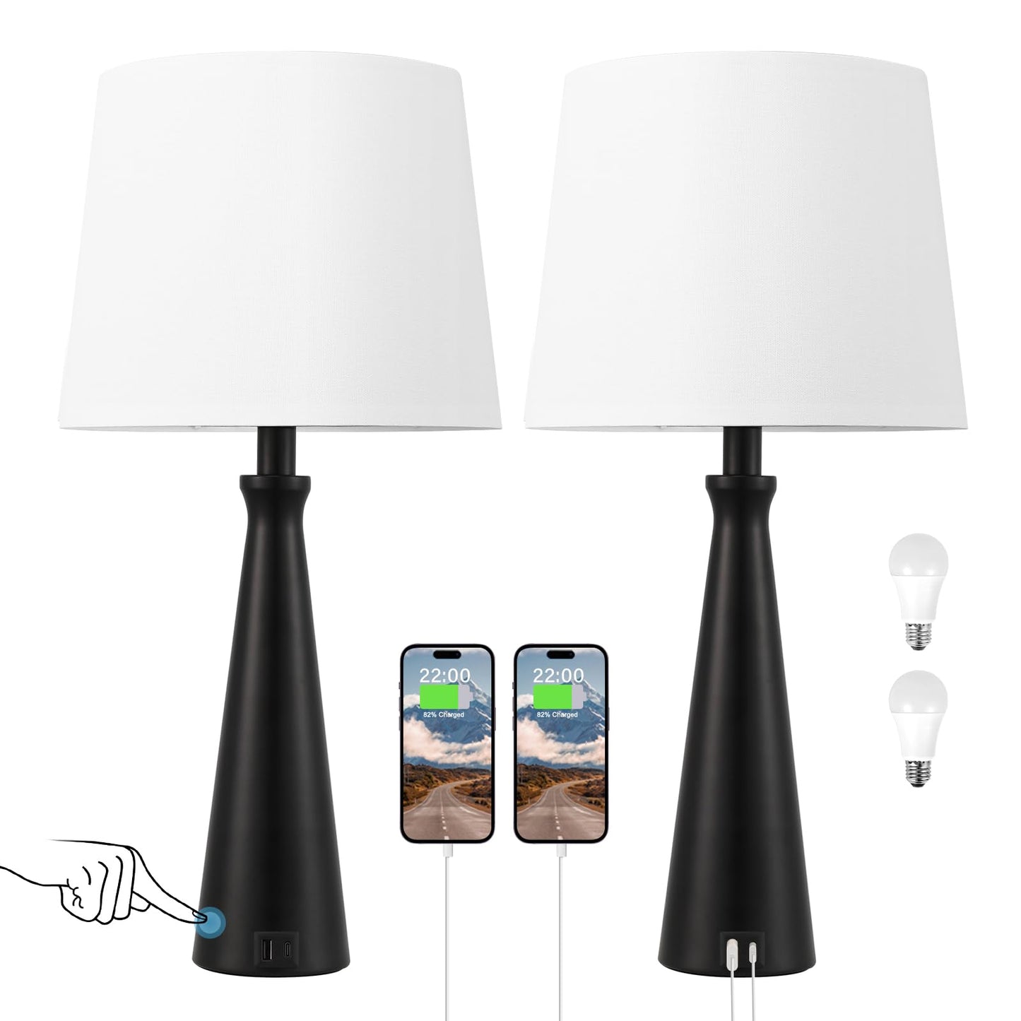 Seealle Modern Table Lamps Set of 2 - Touch Bedside Lamp for Nightstand with Dual USB C+A,3-Way Dimmable Black Nightstand Lamps for Living Room Bedroom End Table(Bulb Included)