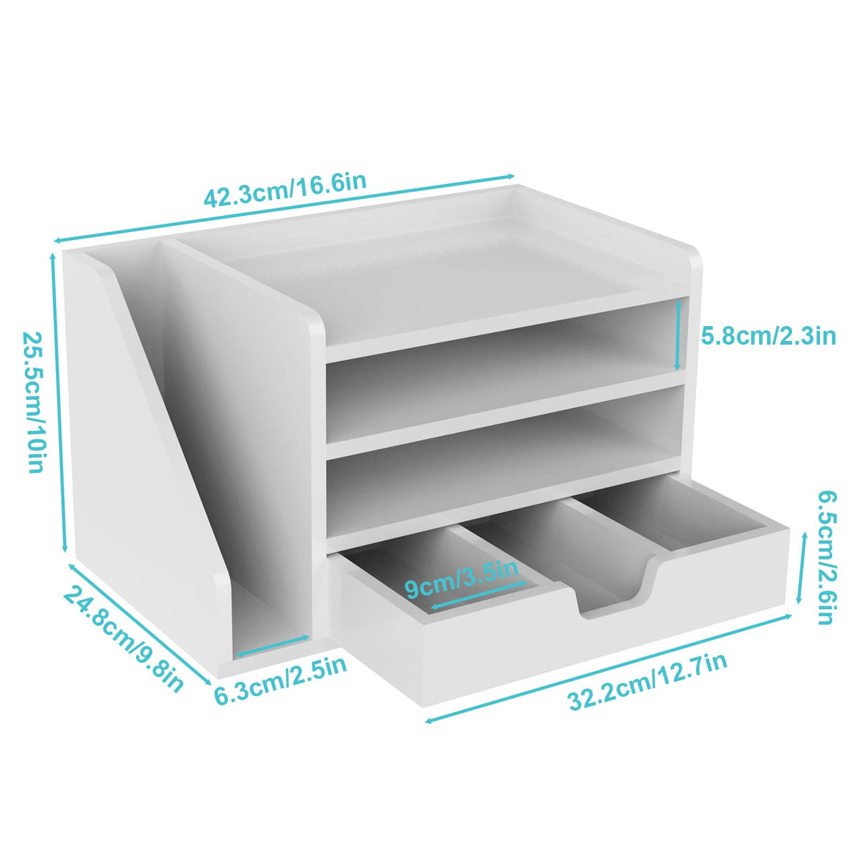 NiOffice Multi-Tier Wood Desk File Organizer with Side File Rack, 3 Tray Shelves & Adjustable Drawer - Space-Efficient Design Easy to Assemble for Efficient Office Setup, Reduces Desk Clutter (White)