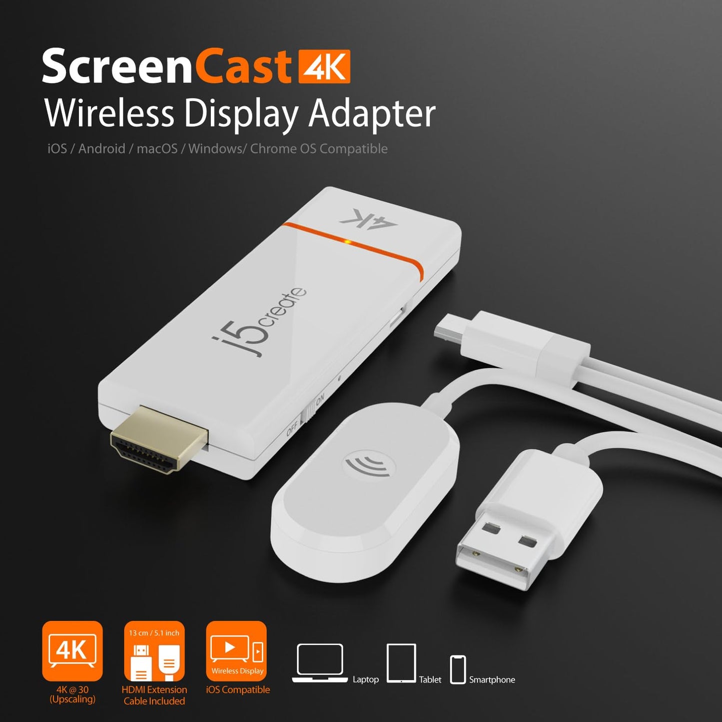 j5create ScreenCast 4K Wireless Adapter Screen Cast from Mobile Phone, Tablet, or Laptop Support for AirPlay, Miracast & Chromecast Mirror Extend for Windows & macOS Wireless Screen Display (JVAW76)