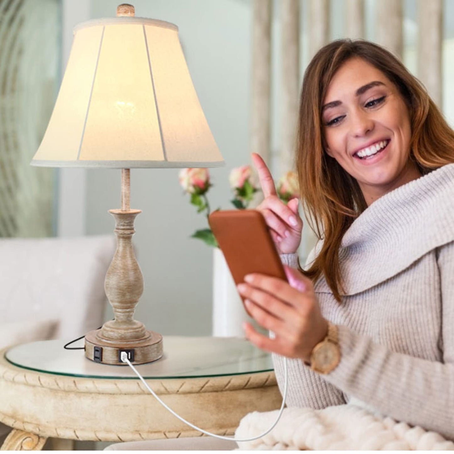 LALISU Farmhouse Table Lamp Touch Control 3-Way Dimmable Table Lamp, Modern Nightstand Lamp with 2 USB Port Bedside Desk Lamp with Fabric Shade for Living Room Bedroom Hotel (Pack 1-Beige Shade)