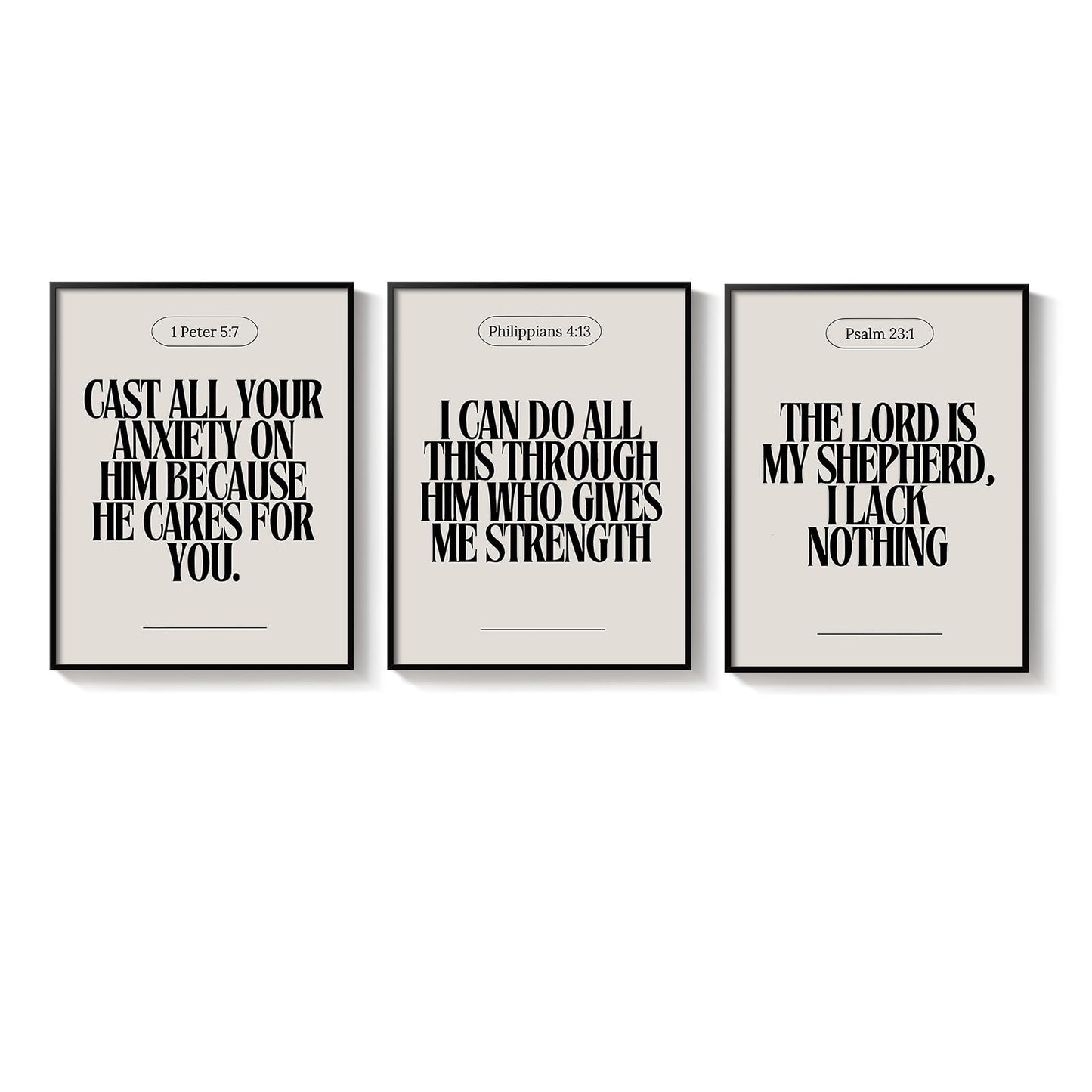 Framed Christian Wall Art Set of 3, Neutral Bible Verse Prints 1 Peter 5 7 Philippians 4 13 Psalm 23 1, Religious Inspirational Scripture Artwork Decor for Living Room Bedroom Prayer Room, 12x16 Inch