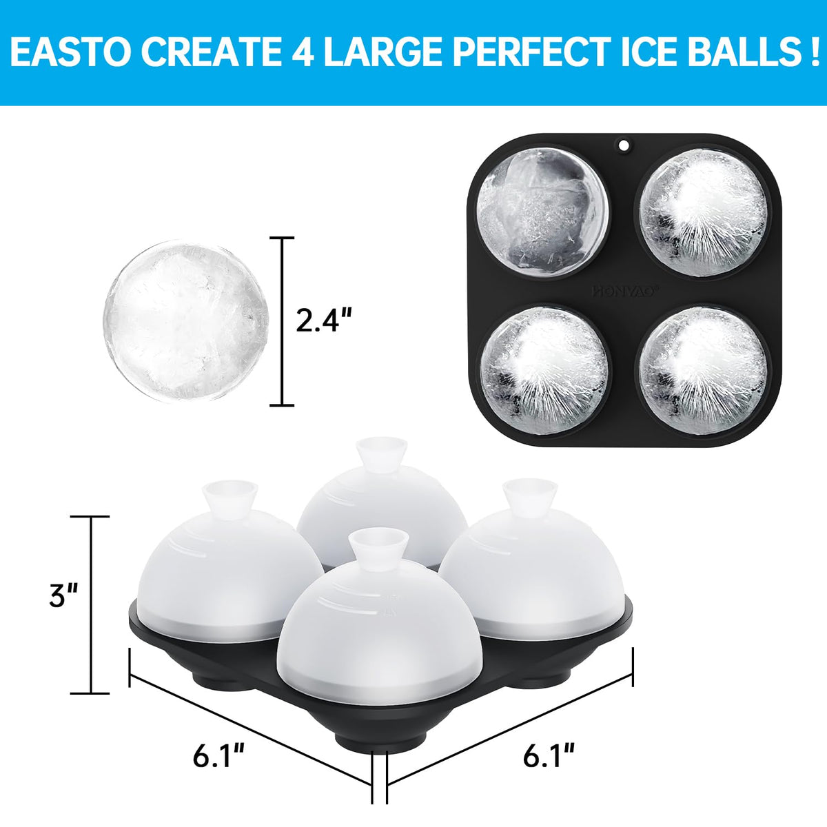 HONYAO Silicone Whiskey Ice Ball Mold - 2.4 Inch Large Ice Cube Trays Molds Silicone with Lids - Ice Sphere Maker for Cocktails, Bourbon, Rum - 2 x 4 Iceballs