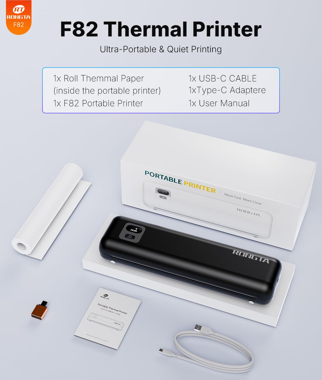 Rongta Portable Printer Wireless for Travel, Thermal Inkless Printers for 8.5"*11" US Letter, Compatible with Android iOS Smartphone, Mac Windows Laptop (Black, 1 Printer + 1 Roll Thermal Paper)