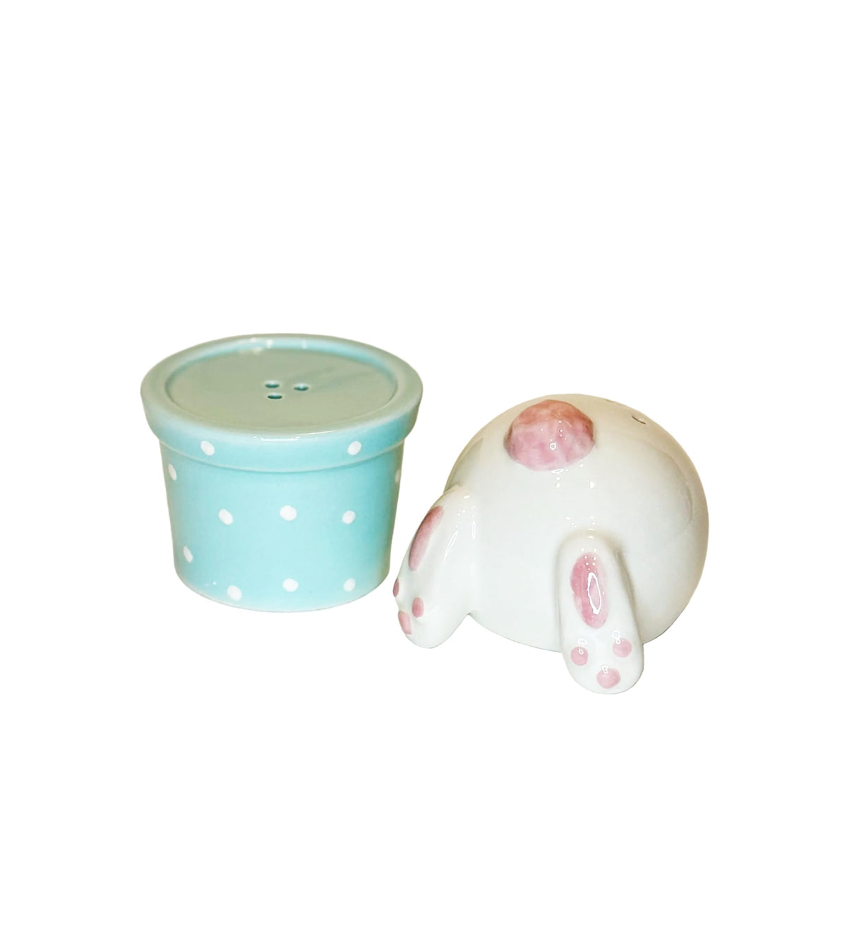 Spring Garden Bunny Rabbit Salt and Pepper Shaker Set, Ceramic, White Pink and Pastel Blue, Polka Dot Design, 4 Inch High, 2 Piece Set, Easter Bunny Decoration
