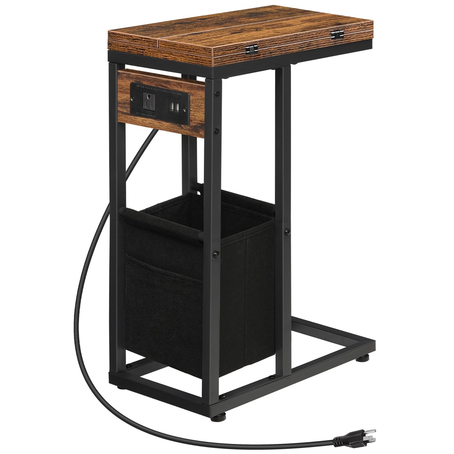 HOOBRO C Shaped Side Table with Charging Station, Foldable End Table with Fabric Bag, Sofa Couch Tray Table for Small Space in Living Room, Bedroom, Rustic Brown and Black BF30USF01