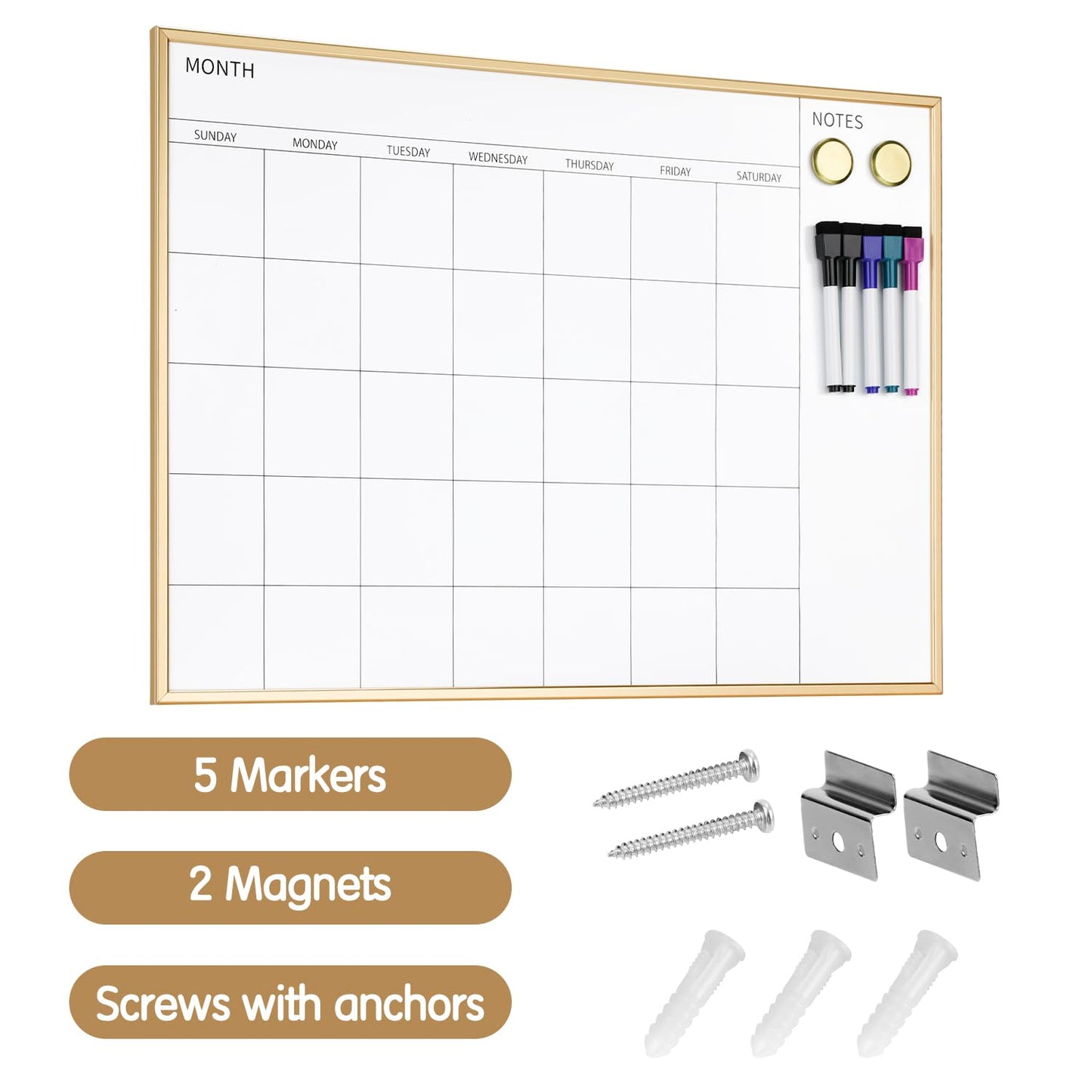 Magnetic Monthly Calendar Whiteboard, 17'' x 13'' Dry Erase Calendar for Wall Office School Home, Gold Wooden Frame