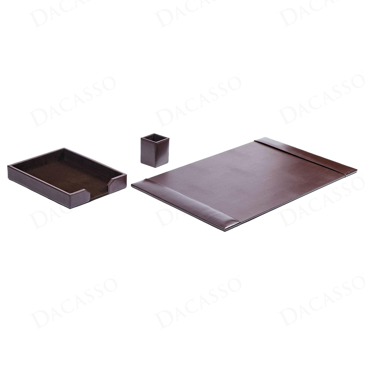 Dacasso Brown Bonded Leather Luxury 3 Piece Desk Set - Blotter Pad & Desk Organization Essentials - Executive Decor and Surface Protector