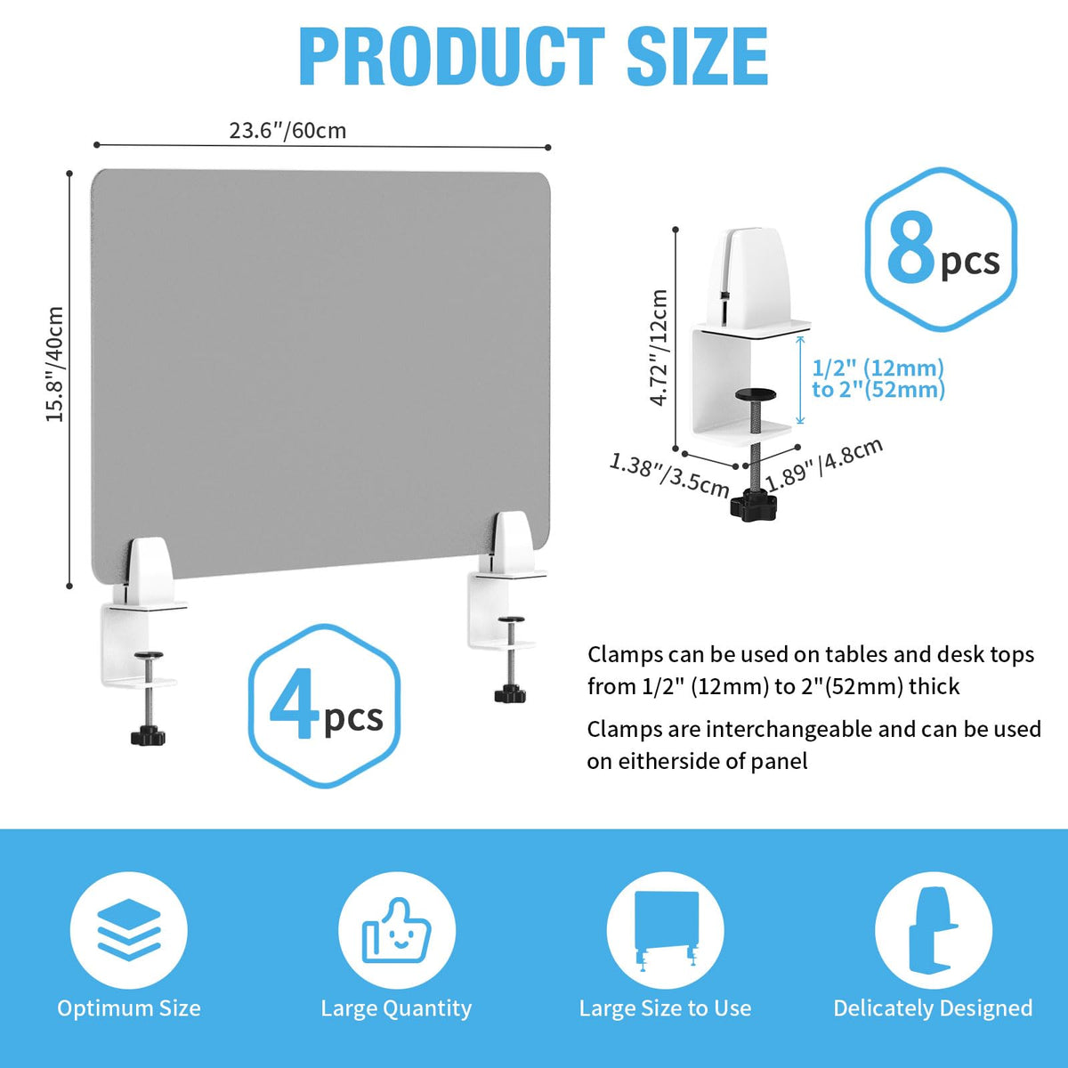 Desk Divider 4 Pcs Desk Privacy Panel 23.6''L x 15.8W'' Office Partitions Grey Acrylic Panel Pack of 4 Desk Divider Partition with Adjustable Universal Base