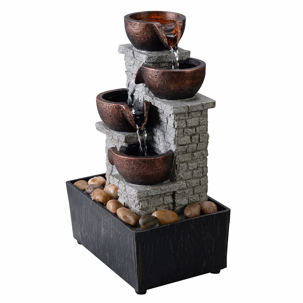 Kalona 4-Tier Indoor Waterfall Tabletop Fountain with LED Lights and Natural Rocks, Cascading Bowl Desk Fountain for Home and Office Decoration, Relaxing Water Feature (21132B)