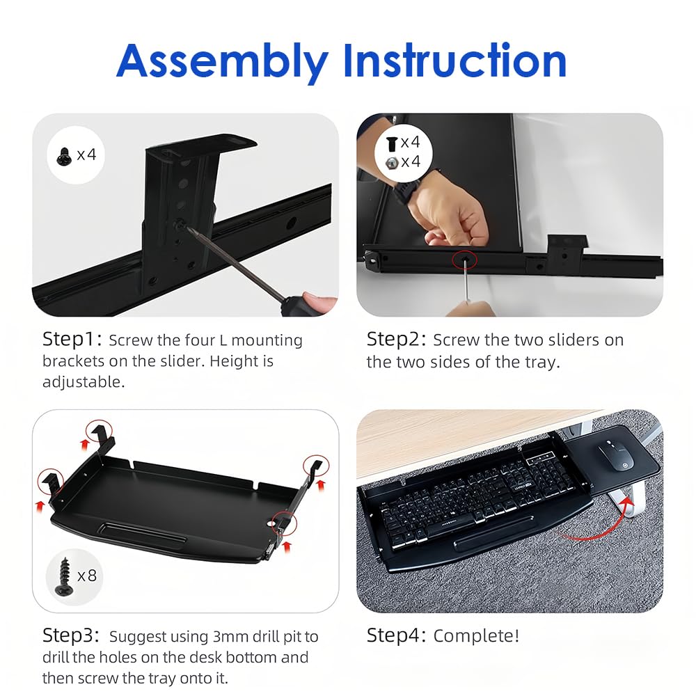 Lumclaw Under Desk Mounted Keyboard Tray Steel Keyboard Tray Under Desk Slide with Rotational Mouse Platform Office