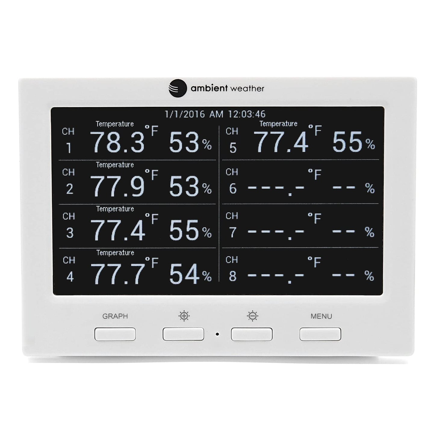 Ambient Weather WS-3000-X8 Thermo-Hygrometer Wireless Monitor w/ 8 Remote Sensors - Logging, Graphing, Alarming, Radio Controlled Clock