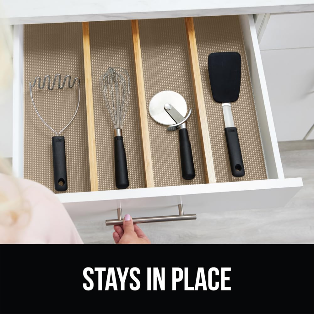 GORILLA GRIP powerGRIP Drawer Shelf and Cabinet Liner, Thick Strong Hold, Non-Adhesive Liners Protect Kitchen Cabinets and Cupboard, Bathroom Drawers, Easy Install, Breathable Mat, 12" x10', Beige