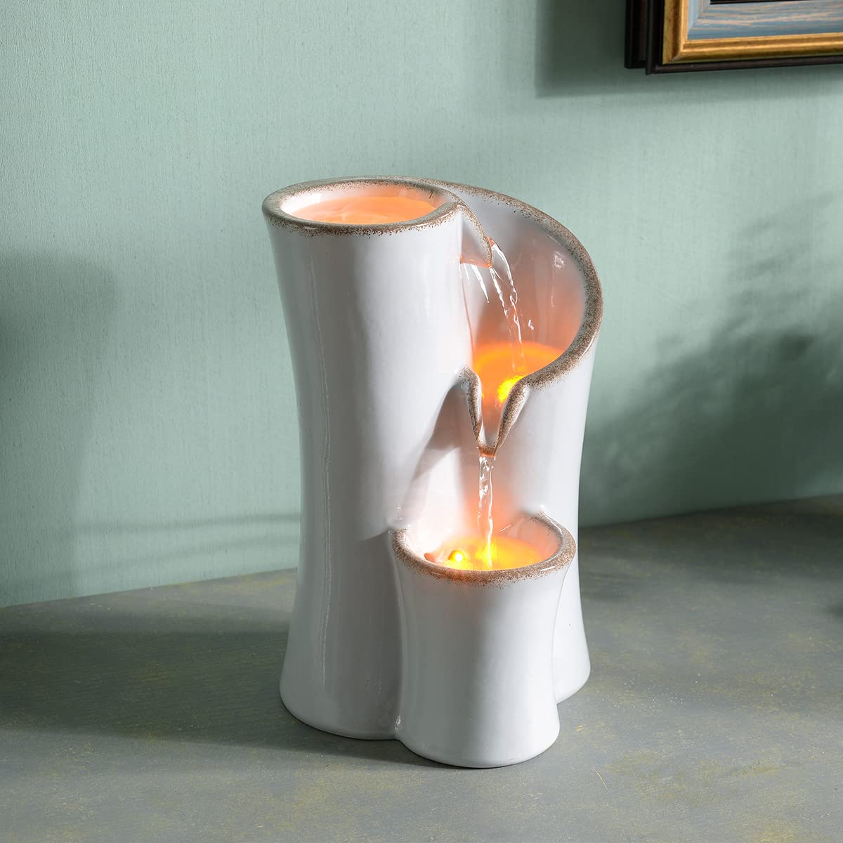 Haobos Indoor Water Fountain Imitation Ceramics Appearance Tabletop Fountain Relaxation Desktop Waterfall w/ 3 Reflective led, 9.8 Inch Tall Fountain (Grey)