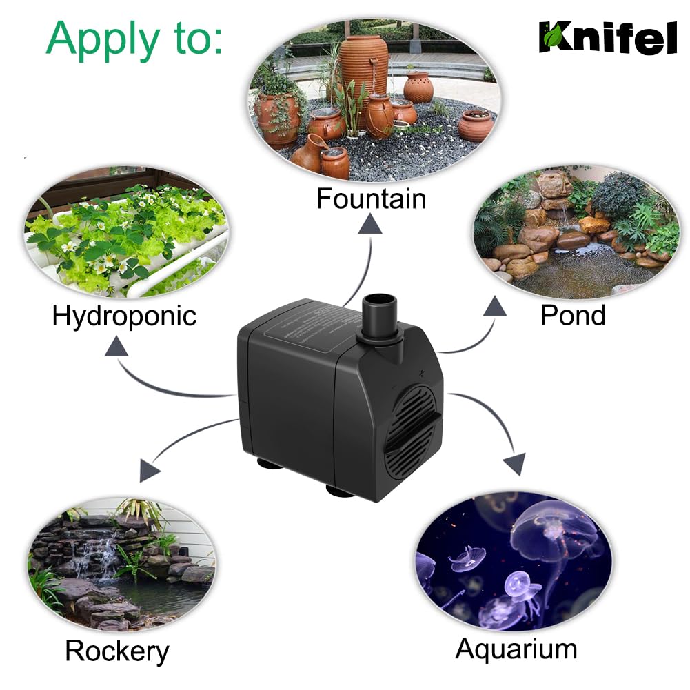Knifel Submersible Pump 200GPH Ultra Quiet with Over Heating Protection 5.2ft High Lift for Fountains, Hydroponics, Ponds, Aquariums & More…
