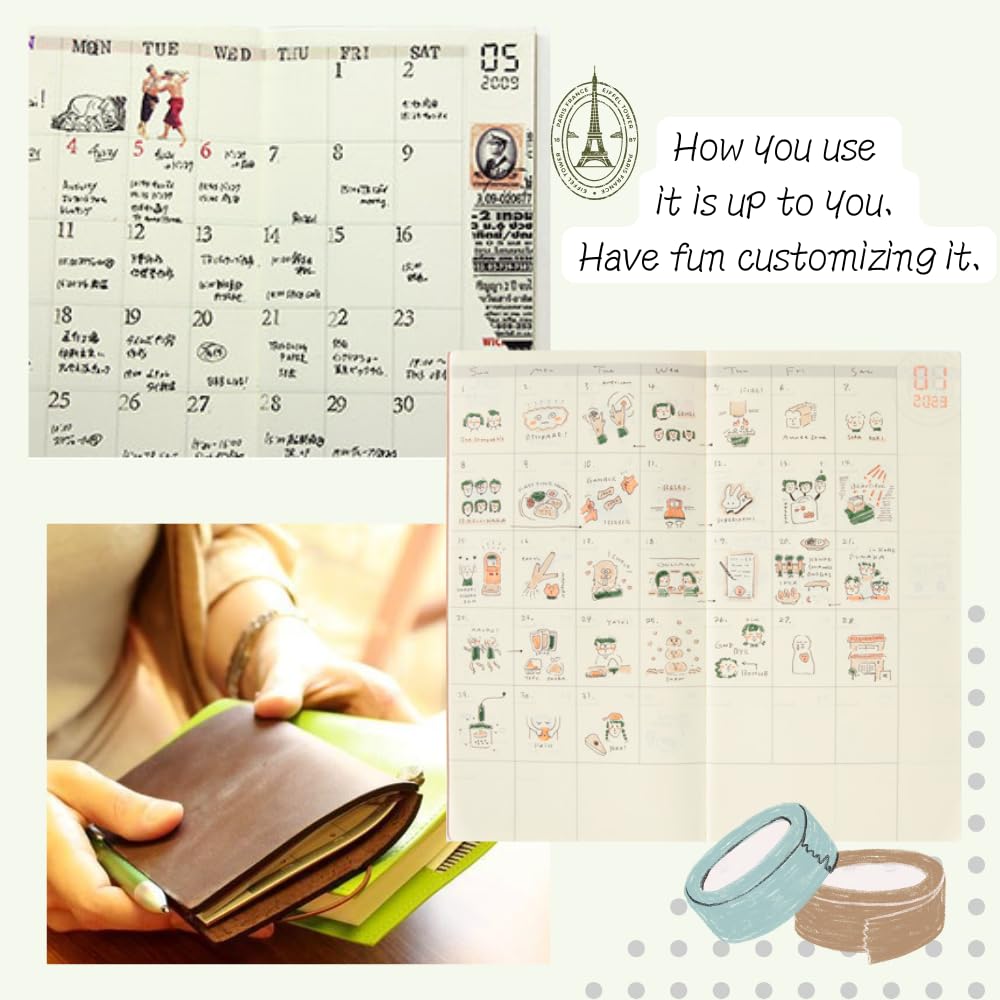 Traveler's Notebook Refill Set – 017 Monthly + 019 Weekly Memo + Bonus Random Washi Tape (3 Roll) – Undated Planner Inserts, Journal Gift Idea