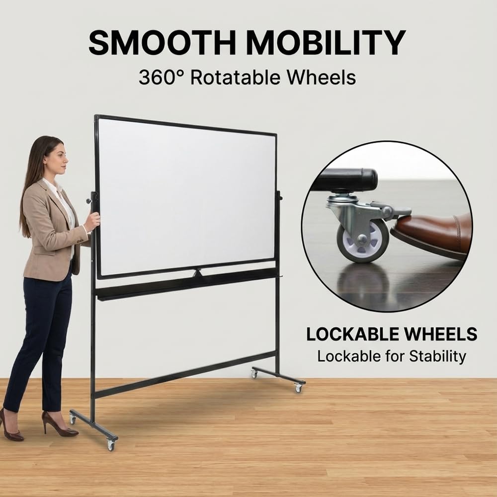 Mobile Whiteboard 48x32 for Office & Homeschool - Double-Sided Magnetic Dry Erase Board on Wheels - 360° Reversible Standing Easel for Agile Presentations & Classroom Teaching