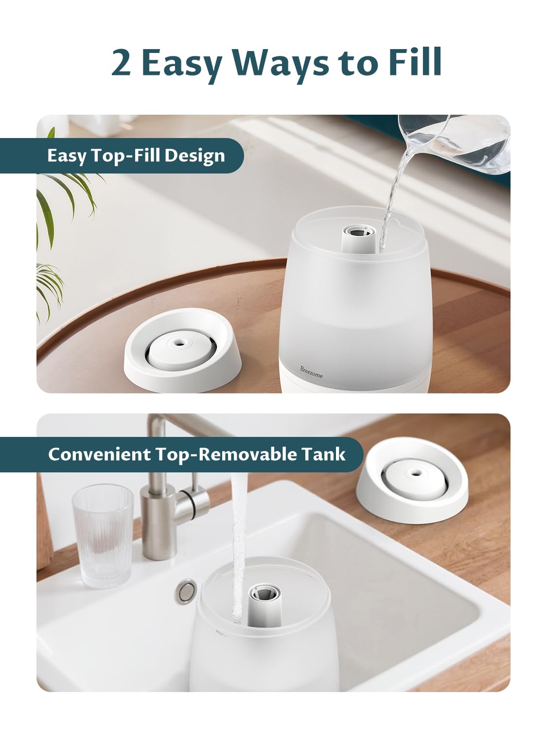 BREEZOME 2.5L Top Fill Humidifiers for Bedroom, 250ml/h Mist Output, 25hrs Humidifiers for Home, 7 Adjustable LED, Essential Oil Diffuser, 25dB Ultrasonic Humidifier for Baby and Indoor Plants, White