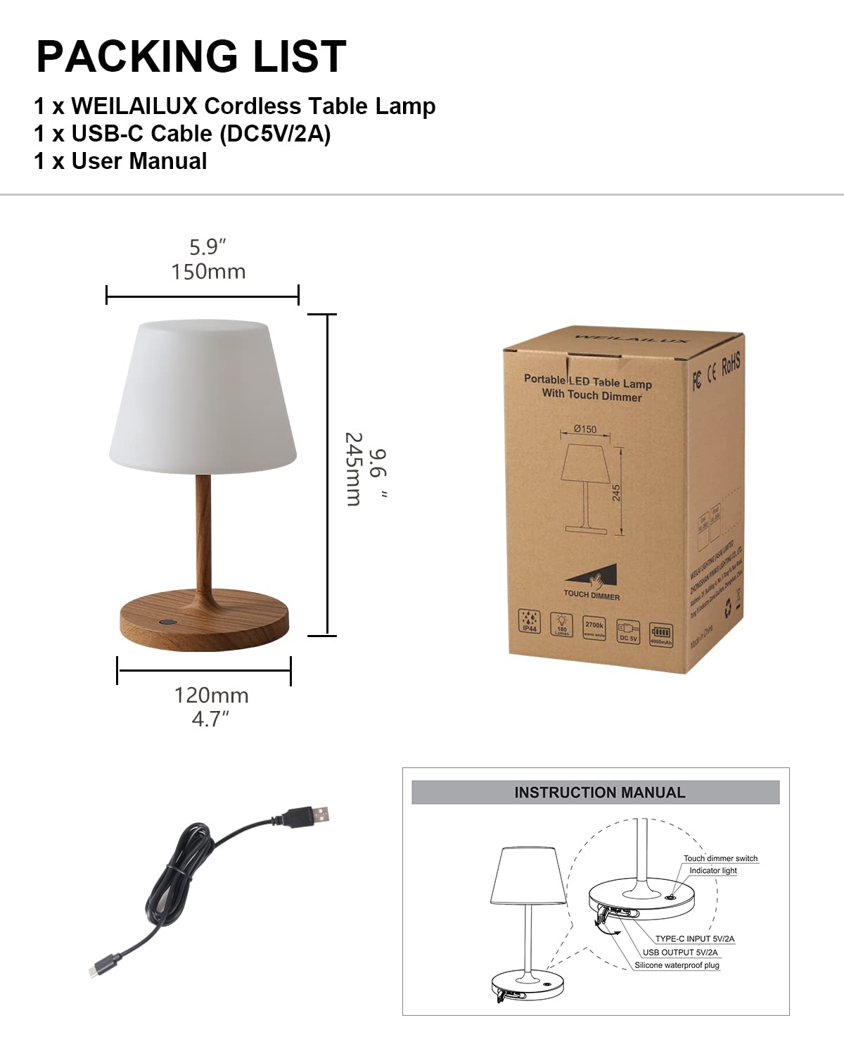 WEILAILUX Outdoor Battery Operated Table Lamp Waterproof, 4000mAh Cordless Table Lamp Rechargeable, Touch Dimmable Desk Lamp, LED Night Light for Patio Camping Restaurant Home (Wood Grain, 9.6in)