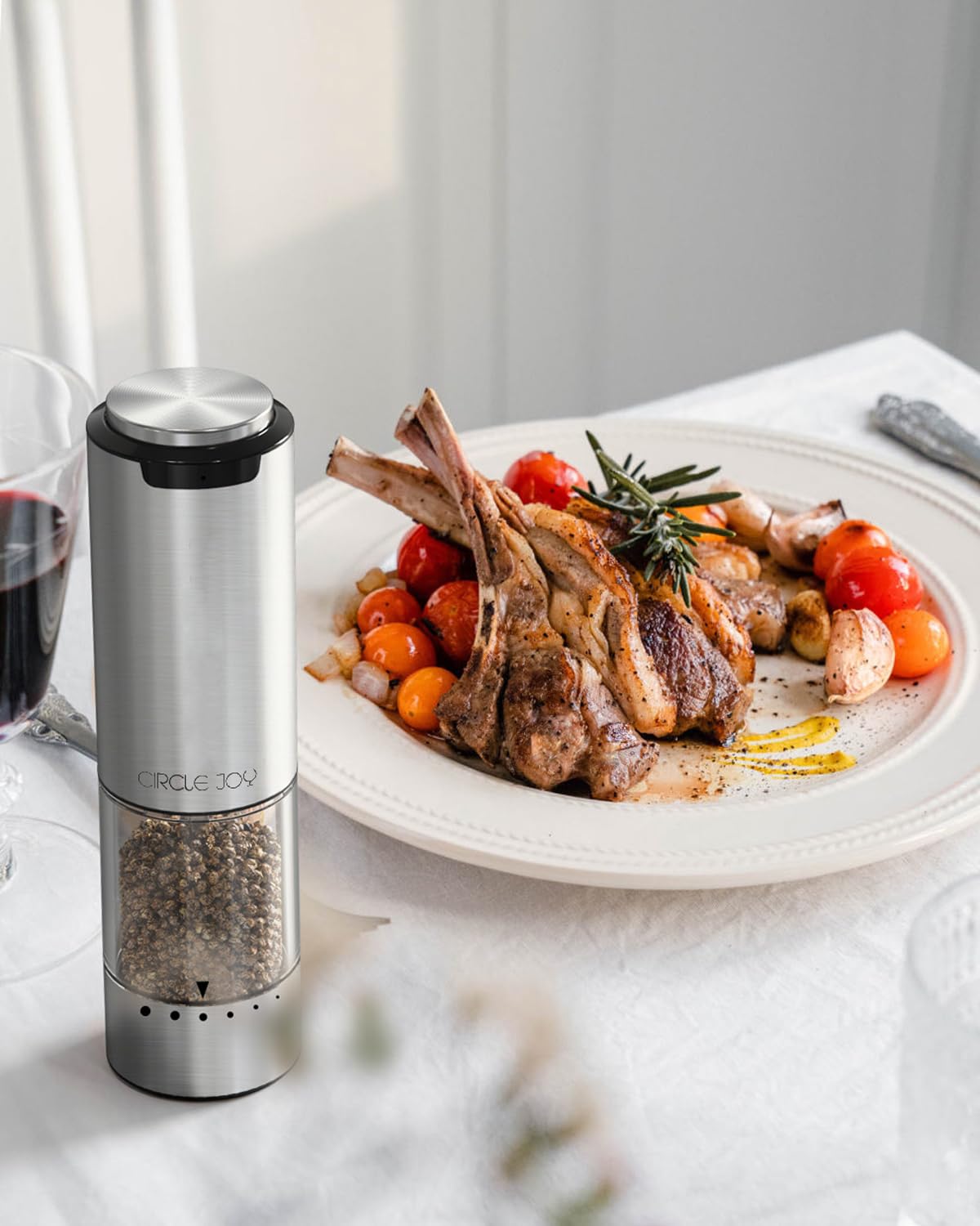 CIRCLE JOY Electric Pepper Grinder Stainless Steel Rechargeable Pepper Mill with External Adjustable Coarseness, 95ml Container and White LED Light, Silver