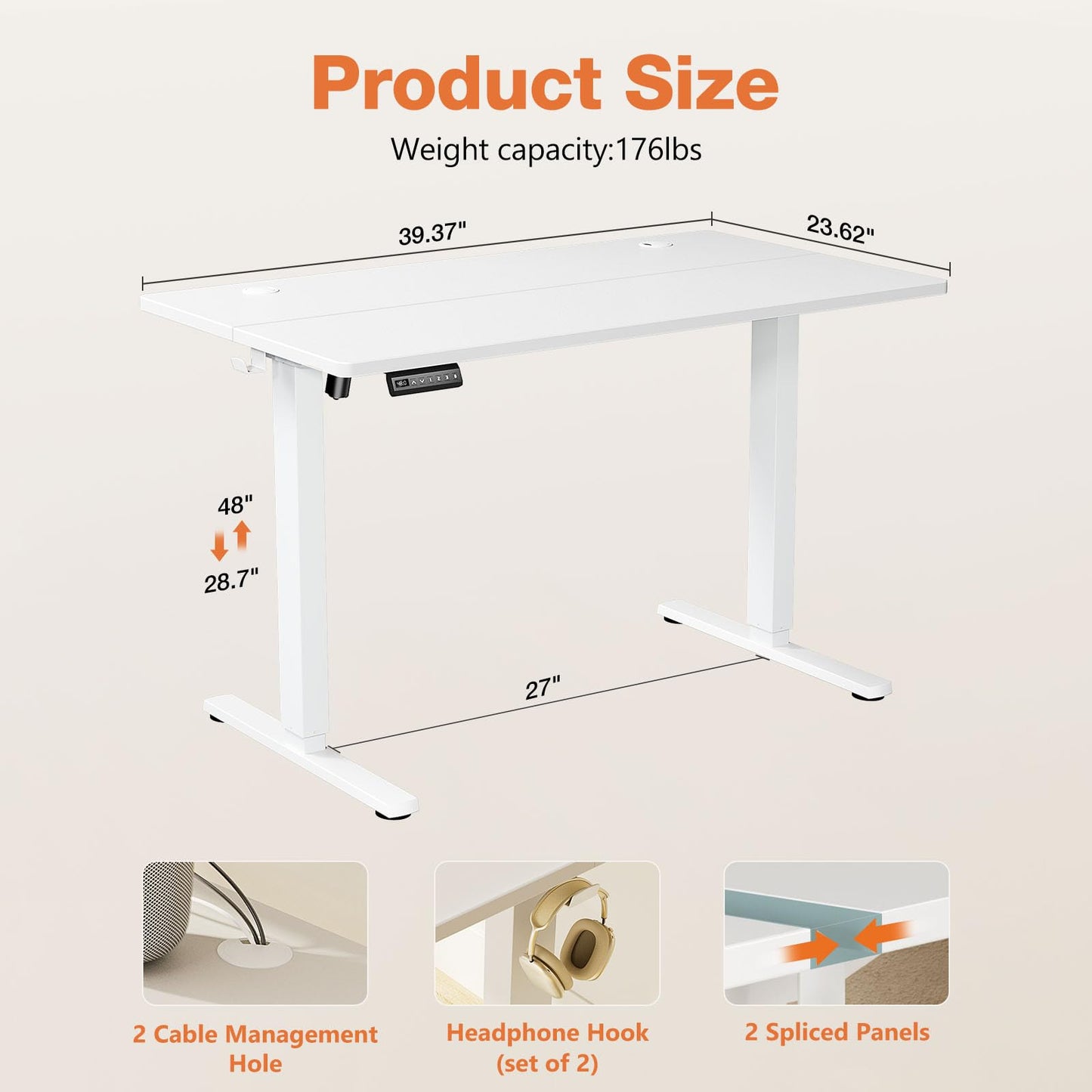 Sweetcrispy Electric Standing Desk Adjustable Height, 40x24 Inch Sit Stand Up Home Office Desks Computer Workstation PC Work Table with 3 Memory Preset Splice Wood Board Metal Frame, White