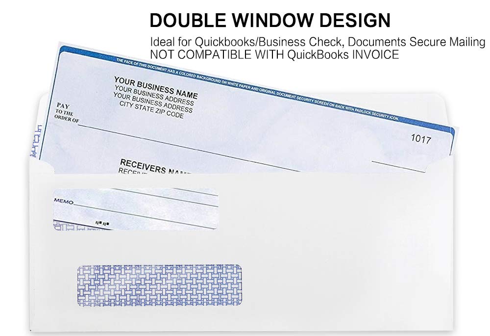 #8 Double Window Security Check Envelopes, No.8 Double Window Bussiness Envelopes Designed for QuickBooks Checks - Computer Printed Checks - 3 5/8 X 8 11/16 (NOT for INVOICES) - 24 LB - 500 PACK