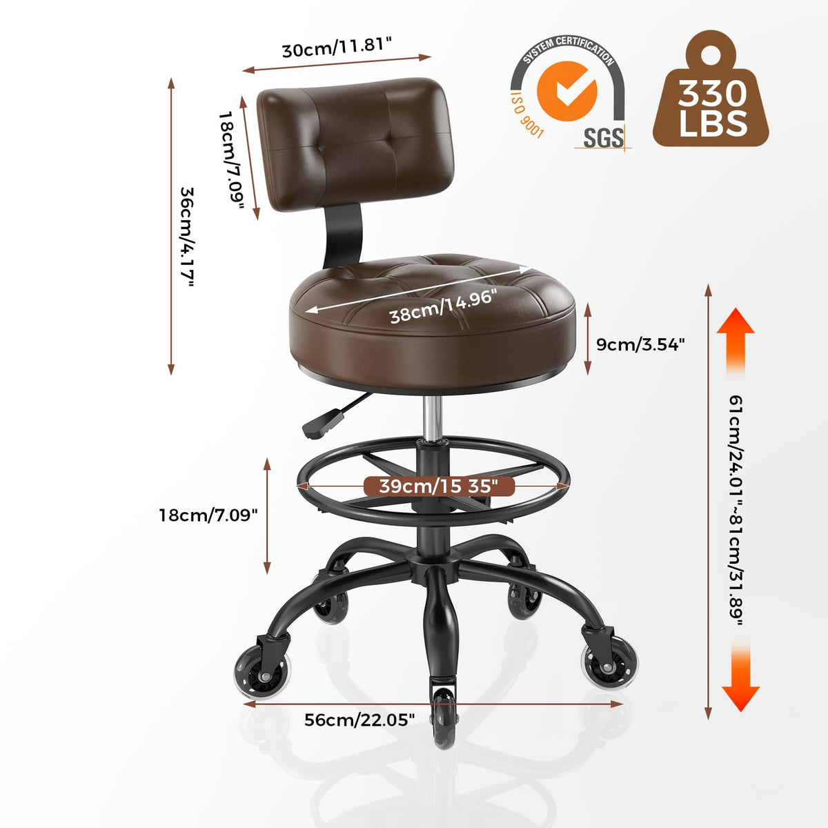 FREEKYROCK Office Drafting Chair with Footrest, Tall Height Adjustable Stool with Back Support, Heavy Duty Rolling Stool Chair with Wheels for Office Home Kitchen Bar Shop Guitar Studio Vanity, Brown