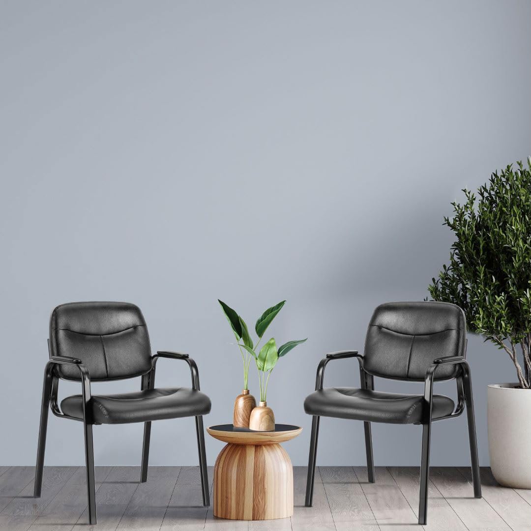 UOCFYK Reception Chairs, Leather Conference Room with Padded Arms and No Wheels for Professional Office Meeting Spaces and Guest Seating,Black-2 Pack