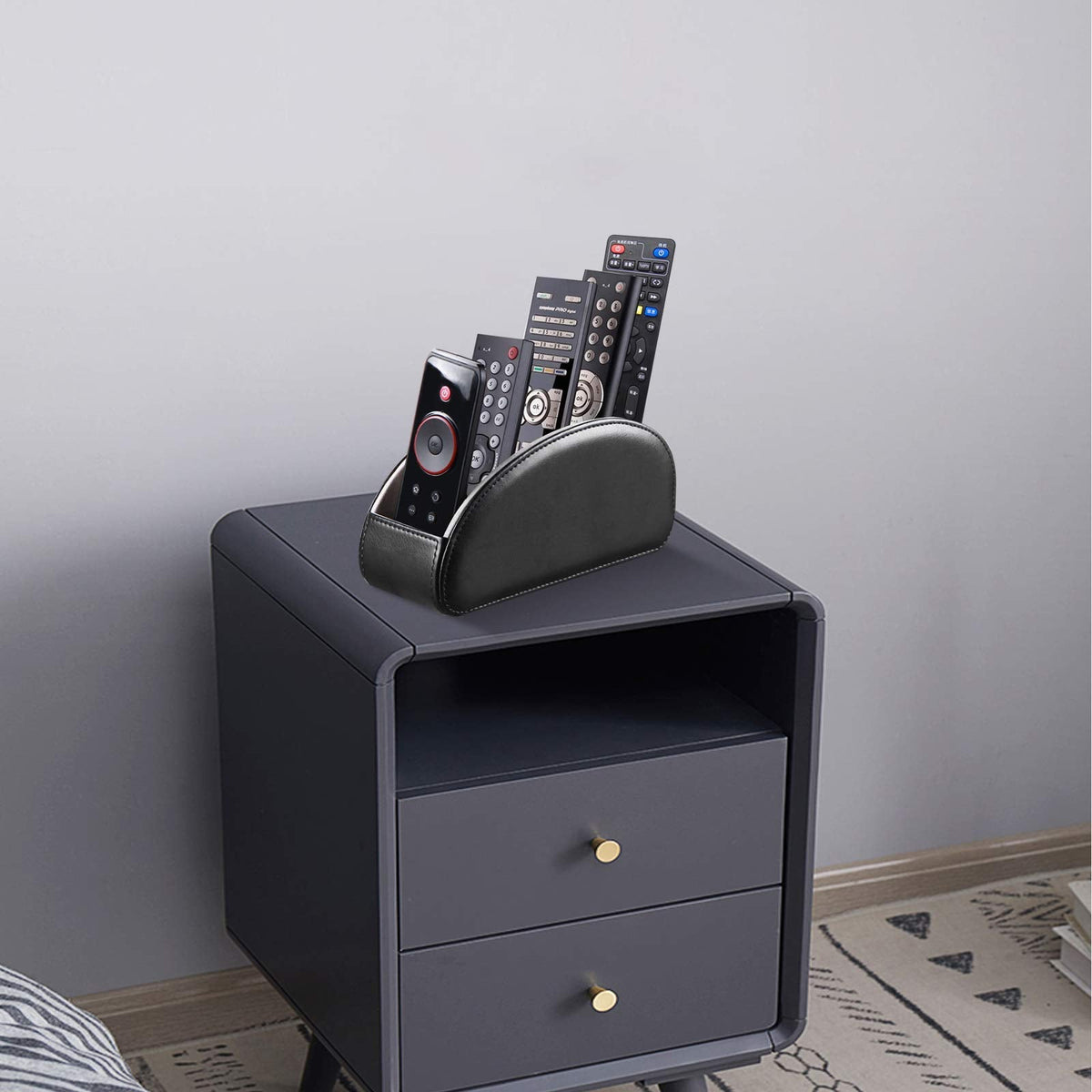 All-in-One Leather TV Remote Control Holder Black with 5 Compartments Nightstand Desktop DVD Media Player Remote Caddy Storage Box Organizer Tray For Makeup Brush Pen Stationary Table Controllers