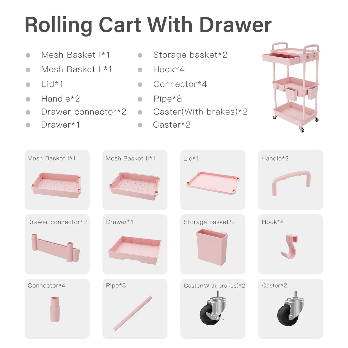 REBECAT 3 Tier Rolling Utility Cart with Drawer,Storage Cart,Rolling Cart for Kitchen,Bathroom,Living Room,Storage Organizer with Iron Wheels(Pink