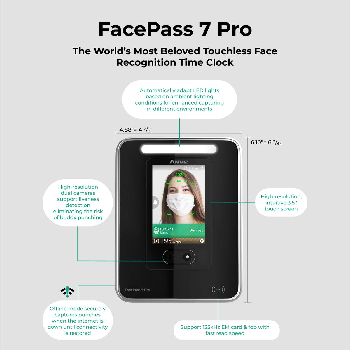 ANVIZ FacePass 7 Pro Cloud-Based Time Clock with Face, RFID, PIN - Free Cloud Software - Biometric Clock In and Out Machine For Employees Small Business - Support Door Access, Touchscreen, 2.4GHz WiFi