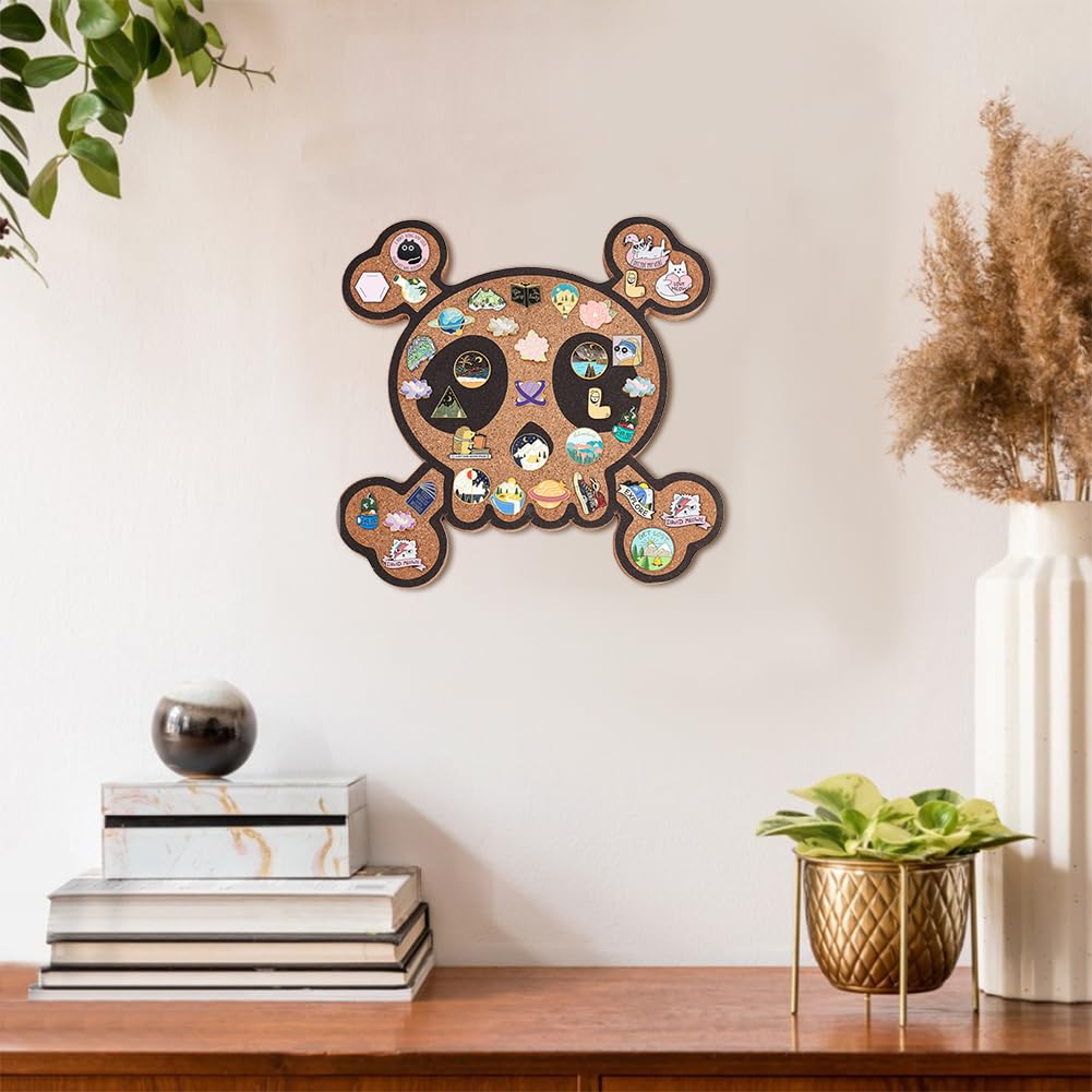 BENECREAT Skull Pin Board Skeleton Cork Board, Bulletin Display Board Wall Mounted Cork Board for Brooch Pin Storage, Office Home Festival Decor, 9.8x0.45inch