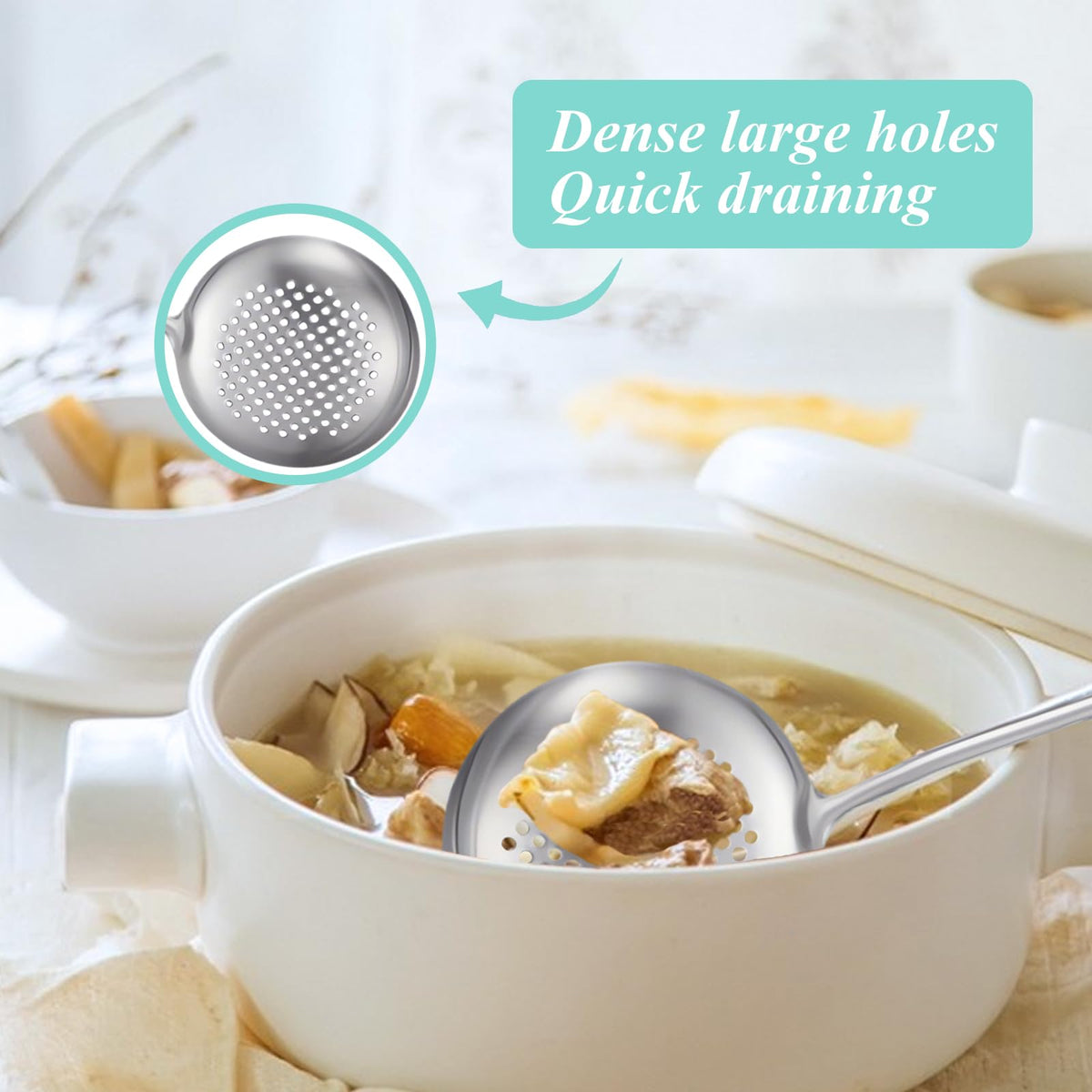 Slotted Spoon, Stainless Steel Strainer Metal Skimmer Spoon for Cooking, Long Handle Food Strainer, Kitchen Utensil Large Fryer Scoop with Holes for Draining Stirring Serving Frying
