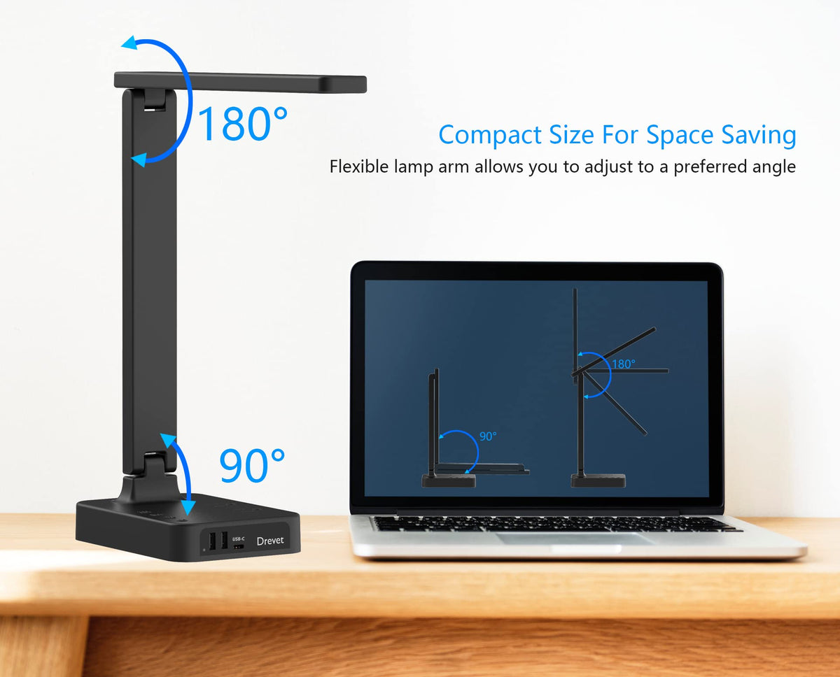 Drevet LED Desk lamp with USB C Charging Port, Table Light with 3 USB Charger and 2 AC Power Outlet, 3 Color Model, 3 Level Brightness, Touch Control, Memory Function, Eye-Caring Office Foldable Lamp