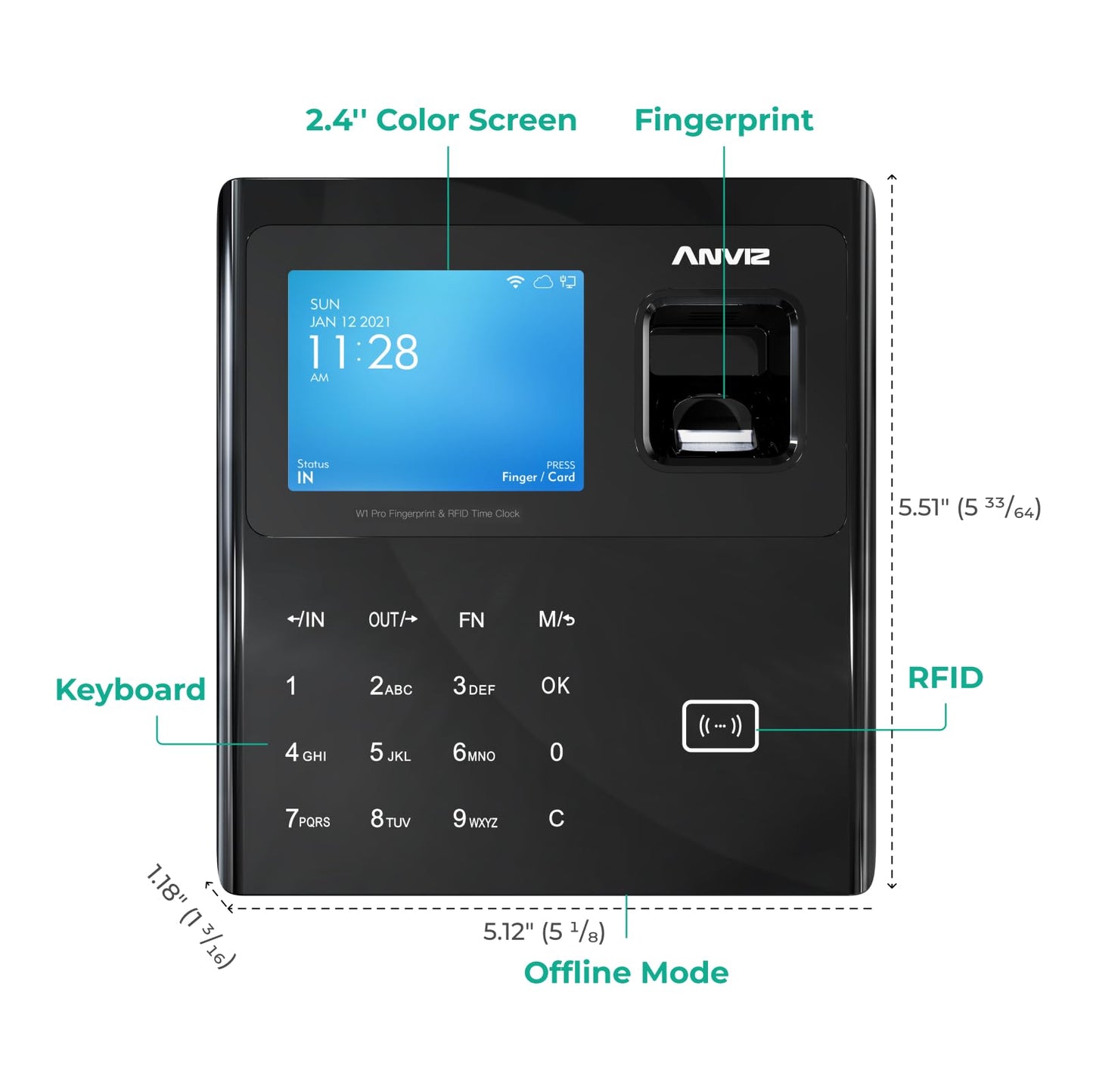 ANVIZ Time Clocks for Employees Small Business - Forever Free Cloud Software - W1 Pro Fingerprint Biometric Clock in and Out Attendance Machine, Black