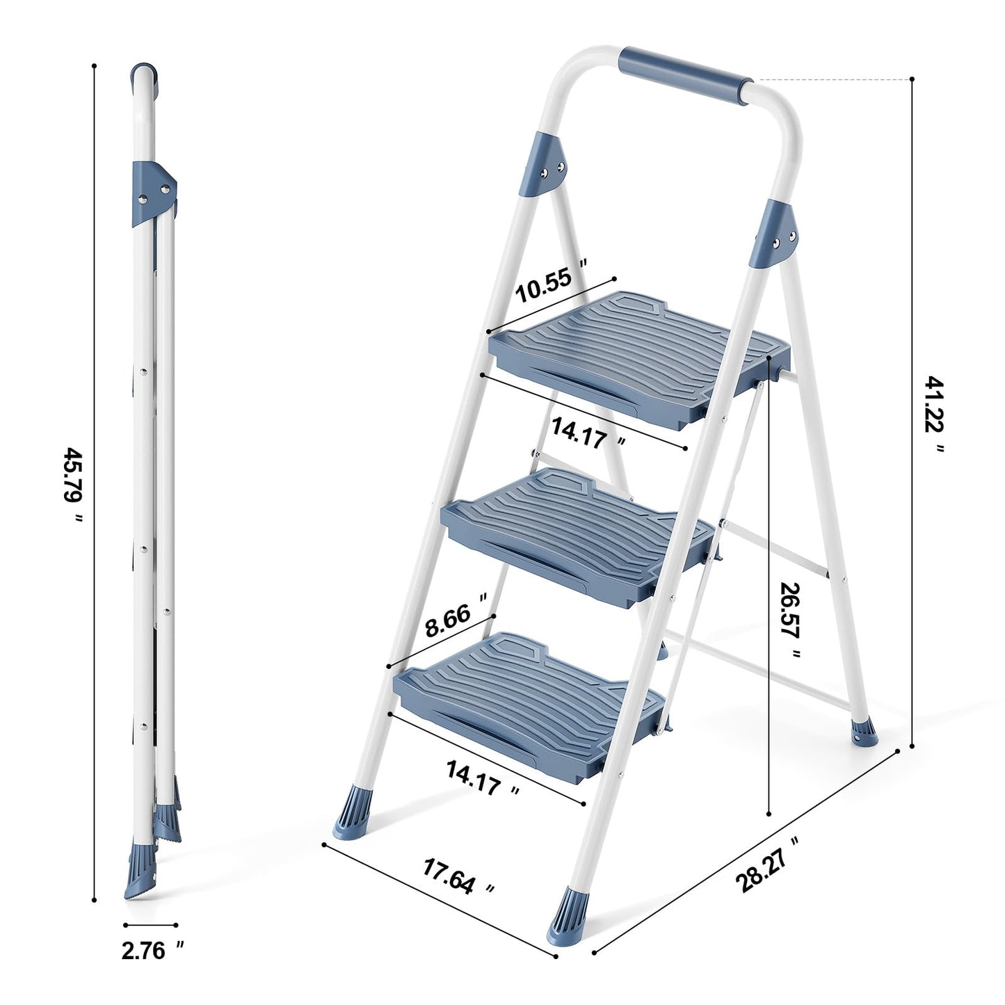 KINGRACK 3 Step Ladder, 900lbs Sturdy Step Stool with Handrail, Non-Skid Wide Pedals, Foldable 3 Stepladder with Safety Locking for Home, Garage, Garden, Office, Blue