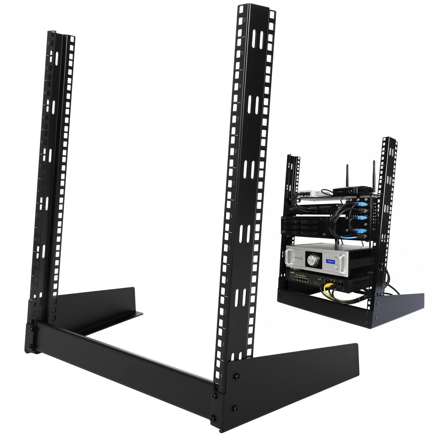 Moxweyeni 12u Open Frame Server Rack 19" 2 Post Network Rack for Audio Video Device Free Standing Desktop or Floor Lightweight Hinged Design, Compatible with Eia-310 Compliant, 140 Lbs Load Capacity