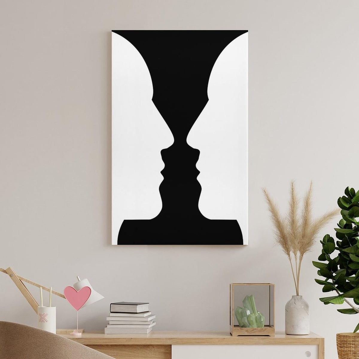Optical Illusion Vase Faces Canvas Printing Wall Art Prints Posters Black And White Minimalist Scandinavian Wall Decor for Living Room Bedroom Office Study Classroom Modern Home 12x18inch(30x45cm)